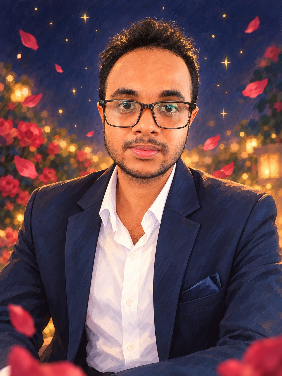 Animated storybook portrait of Adil in his navy suit and black glasses