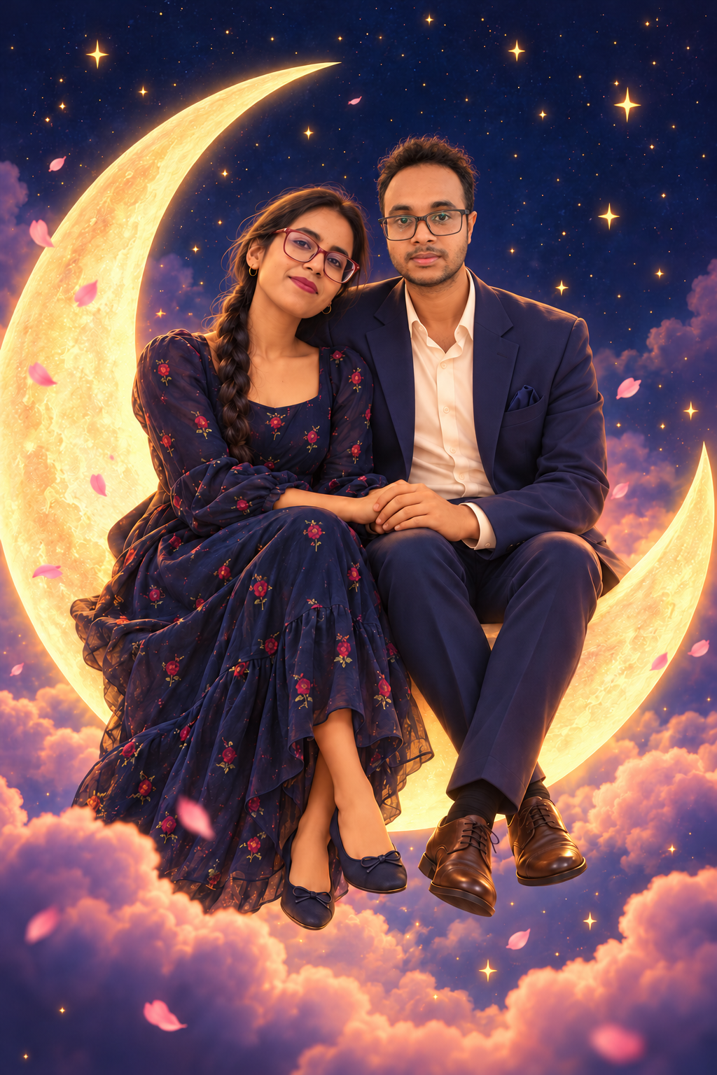 An imagined illustration of Hayat and Adil holding hands on a glowing crescent moon, beneath a sky of stars