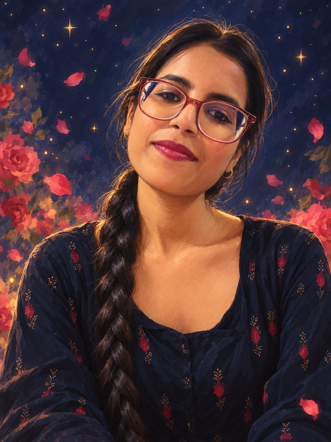 Animated storybook portrait of Hayat with her burgundy glasses and long braid